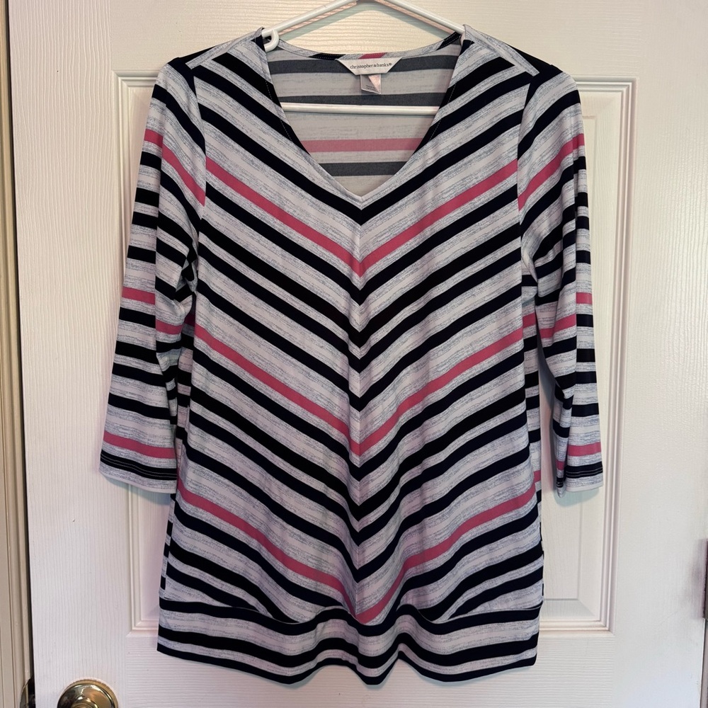 Christopher & Banks Women’s Striped Blouse 3/4 Sleeve Size Small V Neck Shirt